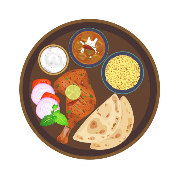 chicken tandoori India food - chicken tandoori with rice and naan. naan bread stock illustrations
