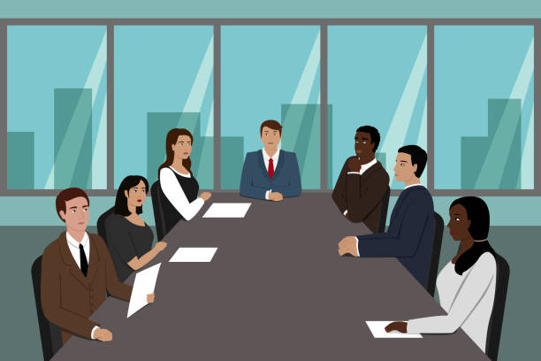Chief and his team seating at conference table. Vector illustration Chief and his team seating at conference table. Vector illustration. board of directors stock illustrations