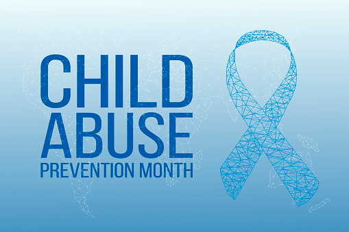 Child Abuse Prevention Month concept. Banner with blue ribbon awareness and text. Vector illustration.
