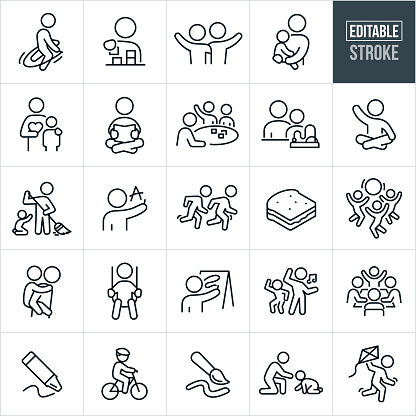 A set of child care icons that include editable strokes or outlines using the EPS vector file. The icons include kids at day care or child care. They include a child jumping rope, child stacking blocks, the kids with arms around each others shoulders waving, a day care worker holding a toddler on hip, day care worker with arm around shoulder of child, child sitting cross-legged and reading book, child care worker at table with other kids, day care worker sweeping while toddler reaches up to be picked up, child writing letters, two children running, a sandwich for lunch, children playing with a big ball, child getting piggy back ride, child on swing, child painting on easel, two kids dancing to music, kids seated at a learning table, paint brush, crayon, child riding bicycle, day care worker picking up a crawling toddler and a child flying a kite.