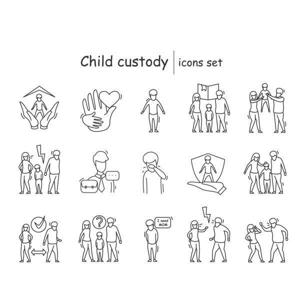 ilustrações de stock, clip art, desenhos animados e ícones de child custody icons set. family and adoption outline vector illustrations - foster kids