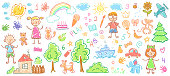 istock Child drawings. Kids doodle paintings, children crayon drawing and hand drawn kid vector illustration 1093110282