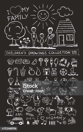 istock Child hand drawing illustration. School blackboard sketch image vector doodles 475348096
