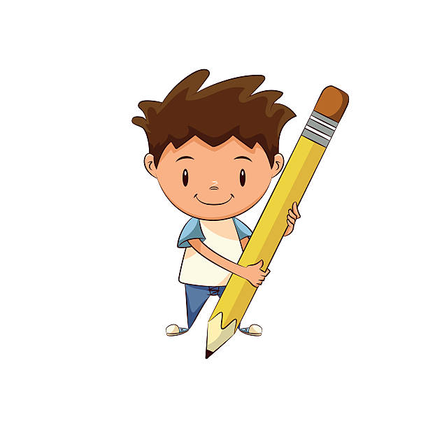 Child holding big pencil Child drawing, holding big pencil, cute kid, cartoon character, vector illustration, isolated, white background writing activity clipart stock illustrations