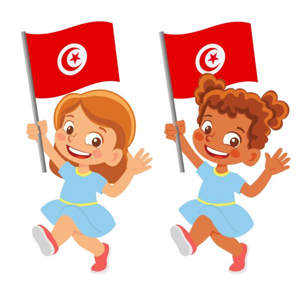 Child holding Tunisia flag Tunisia flag in hand. Children holding flag. National flag of Tunisia vector tunisian girls stock illustrations