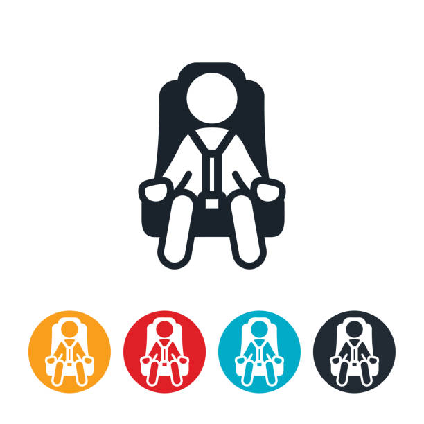 Child In Car Seat Icon An icon of a child sitting in a car seat. The child is around 3 to 4 years old. car safety seat stock illustrations