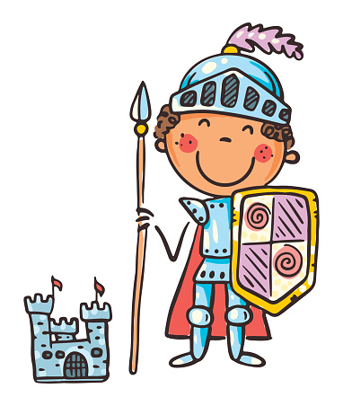 Child in costume of fairytale character like knight, cartoon clipart