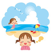 Illustration of a child looking forward to going the beach.