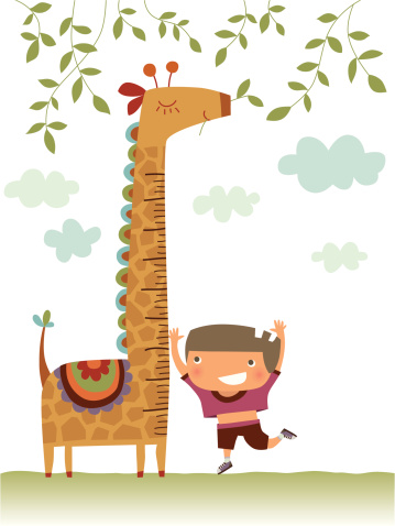 Child measuring his growth against a giraffe