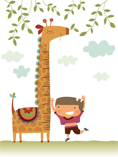 Child measuring his growth against a giraffe Little biy is measuring his height. Zip contains AI, Jpeg and PDF formats. tall boy stock illustrations