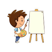 Child painting, blank canvas, cute kid art painter, boy holding brush and color palette, happy cartoon character, paint artist, male, young man, person, vector illustration, isolated white background