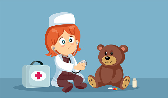 Child Playing Doctor Consulting Teddy Bear Vector Cartoon