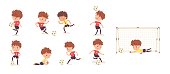 Child playing football or soccer set. Boy in various poses and position with ball vector illustration. Happy little kid playing sport at practice, goalkeeper in uniform at net.