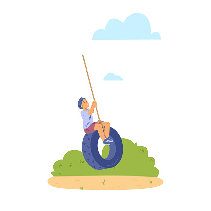 Child swinging on tire swing in playground, flat vector illustration isolated.