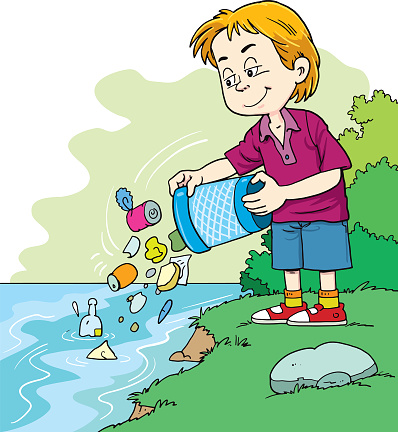 child throws a garbage in the river