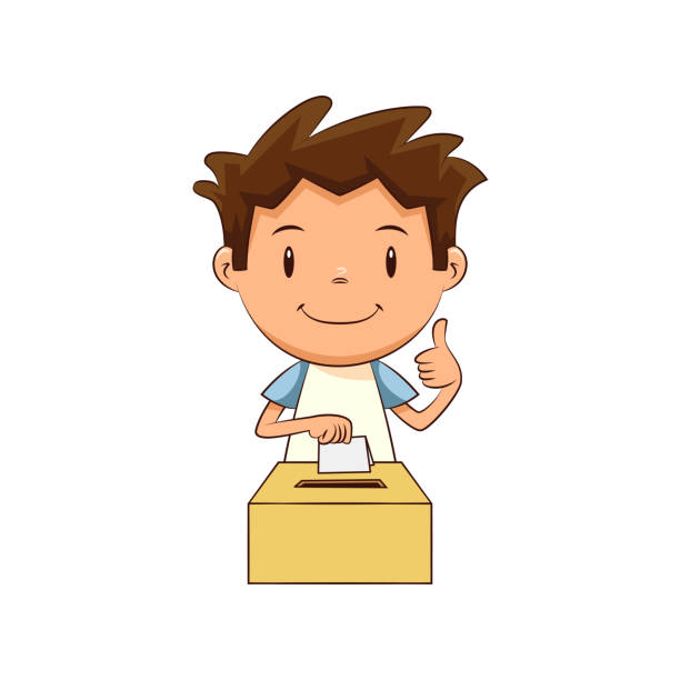 Child voting Child voting, cute kid, ballot, making, suggest, box, holding, sheet of paper, polling, decision, election, political, suffrage, young man, boy, person, thumbs up, happy cartoon character, vector illustration, isolated, white background voting clipart stock illustrations