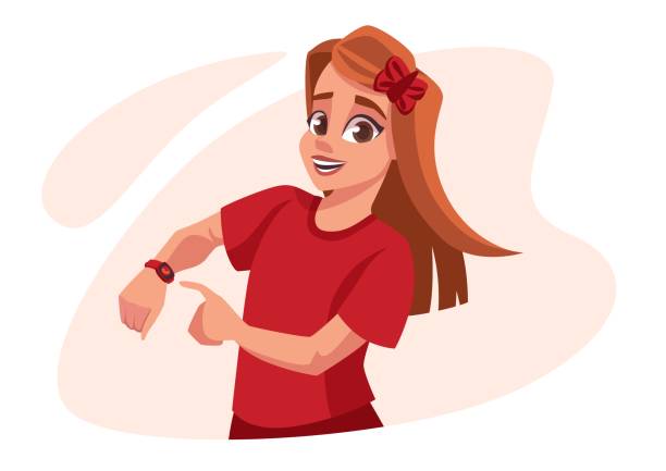stockillustraties, clipart, cartoons en iconen met child with watch. kid looks to hand with wristwatch. clock face. time measurement. punctual teenager showing timepiece on arm wrist. vector cartoon person pointing with finger at dial - woman checking watch