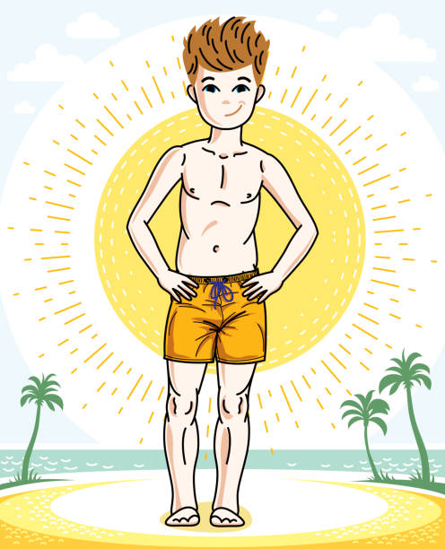 子若い十代の少年かわいいカラフルなスタイリッシュなビーチのショート パンツで立っています。ベクトルの人間図。ファッションやライフ スタイルのテーマ漫画。 - スクール水着点のイラスト素材／クリップアート素材／マンガ素材／アイコン素材