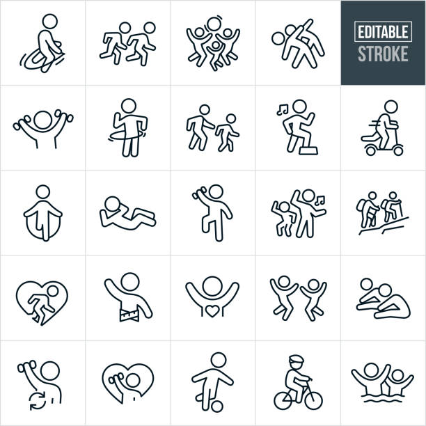 Childhood Fitness Thin Line Icons - Editable Stroke A set of childhood fitness icons that include editable strokes or outlines using the EPS vector file. The icons include lots of children doing fitness acts. They include a child jump roping, children running, a family playing with a ball, two children stretching, a child using dumbbells, child using a toy hoop, parent and child taking a walk, child doing aerobics, child riding a scooter, child doing a sit-up, children dancing to music, parent and child hiking, boy, girl, healthy child, child doing fitness exercises, child playing soccer, child riding bicycle and children swimming to name a few. dancing symbols stock illustrations
