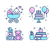 Childhood icon set. Baby in stroller, birthday cake, toys, school supplies. Simple cartoon line icons, isolated vector illustration.