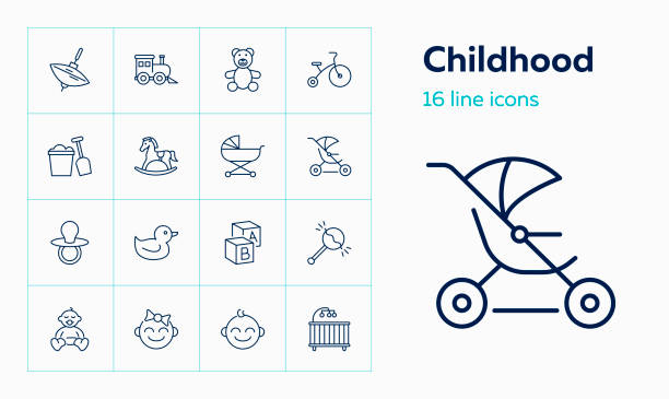 Childhood icons Childhood icons. Set of line icons on white background. Toys, baby, daycare. Nursery concept. Vector can be used for topics like children, childcare, kindergarten bed furniture icons stock illustrations