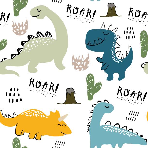 childish dinosaur seamless pattern for fashion clothes, fabric, t shirts. hand drawn vector with lettering childish dinosaur seamless pattern for fashion clothes, fabric, t shirts. hand drawn vector with lettering dinosaur stock illustrations