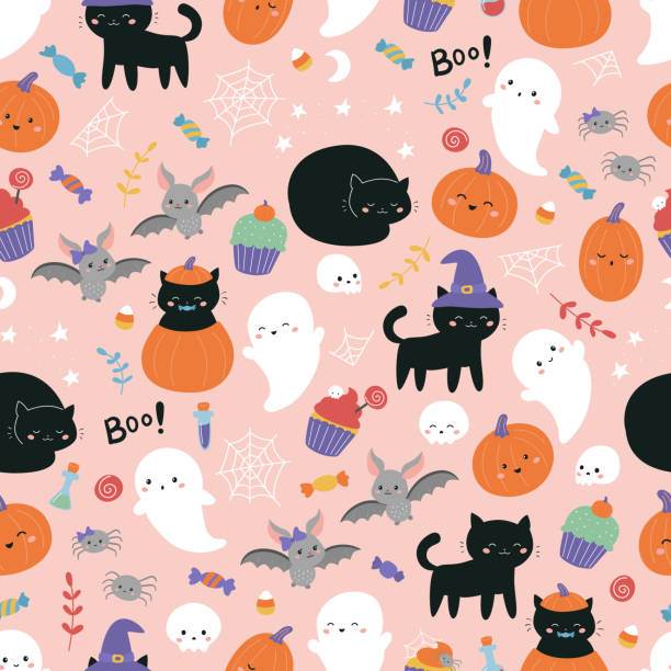 Childish Halloween seamless pattern. Cute cartoon black cats, sweets, bats, pumpkin and ghosts on pink background. Kawaii style illustration. cupcake illustrations stock illustrations