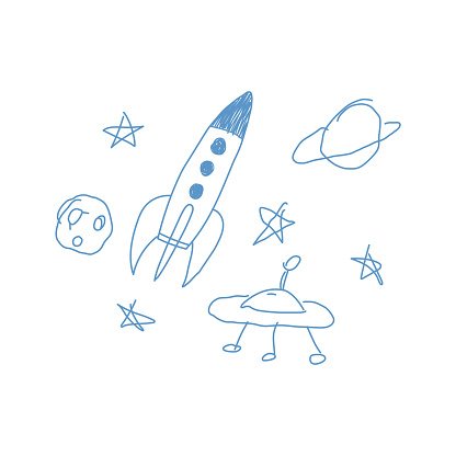 Childish painting of space rocket, ufo and planet saturn, doodle vector illustration isolated on white background.