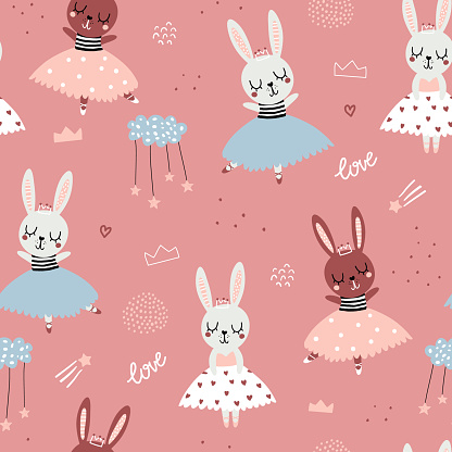 Childish seamless pattern with cute bunnies ballerinas. Creative vector childish background for fabric, textile