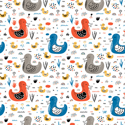 Childish Seamless Pattern with Cute Ducks. Baby Background with Birds. Mother duck swims with her little cute ducklings in the pond. Vector illustration