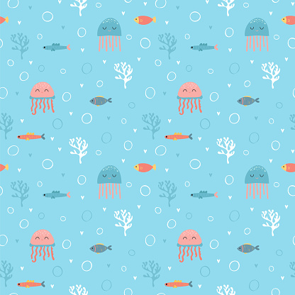 Childish seamless pattern with cute hand drawn fishes and jellyfishes in doodle style. Kids texture for fabric. Trendy nursery background