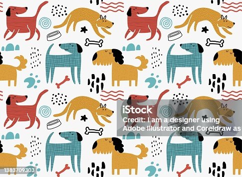 istock Childish seamless pattern with funny dogs. 1383709303