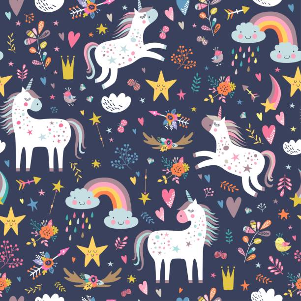 Childish seamless pattern with unicorns. Creative nursery background. Perfect for kids design, fabric, wrapping, wallpaper, textile, apparel horse backgrounds stock illustrations