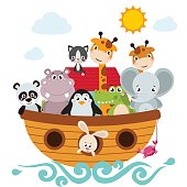 Childish style illustration of Noah's ark on the ocean waves and full of animals aboard (panda, penguin, elephant, giraffe, cat, rabbit, hippo, crocodile).