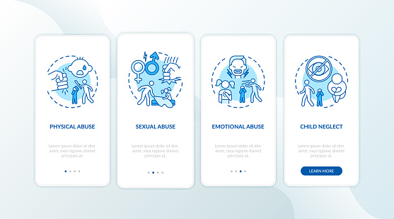 Children abuse blue onboarding mobile app page screen with concepts. Kid harassment. Child neglect walkthrough 4 steps graphic instructions. UI vector template with RGB color illustrations
