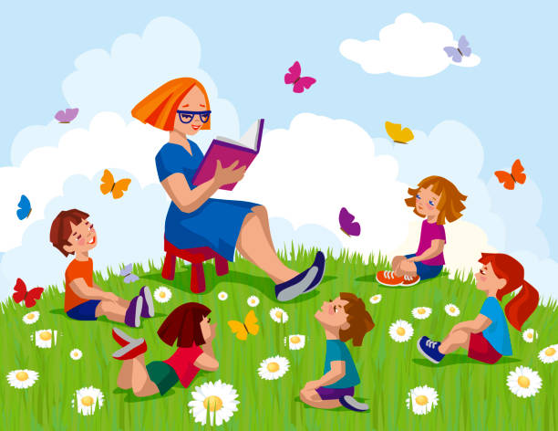 ilustrações de stock, clip art, desenhos animados e ícones de children and teacher - kid reading outside