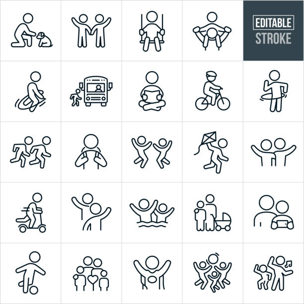 Children and Youth Thin Line Icons - Editable Stroke A set of children and youth icons that include editable strokes or outlines using the EPS vector file. The icons include children, youth, children playing, boys, girls, families, sons, daughters, boy and a dog, children waving, child swinging, child getting a piggy back ride, children swimming, child jumping rope, child getting on a school bus, child reading, child riding a bike, children running, children jumping, youth waving, youth reading a book,  child flying a kite, child riding a push scooter, childhood friends, mother and child, child playing soccer, child dressed up as a superhero, children playing with ball and children dancing to name just a few. playful stock illustrations