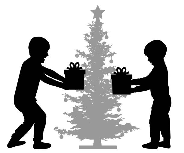 Children are happy with New Year's gifts. Christmas tree. Silhouette vector Children are happy with New Year's gifts. Christmas tree. Silhouette vector birthday silhouettes stock illustrations
