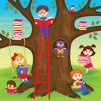 Ilustración de Los Niños Están Leyendo Libros En Un Árbol y más Vectores  Libres de Derechos de Aire libre - iStock