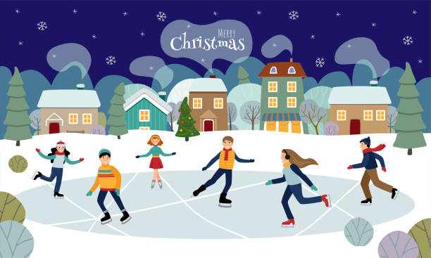 Children are skating on the ice. Winter village. Children are skating on a frozen lake. Winter village with a houses, trees and a Christmas tree. Merry Christmas. Vector illustration christmas lights house stock illustrations