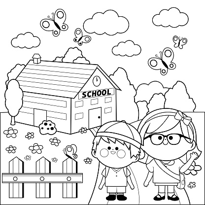 Children At School Black And White Coloring Book Page ...