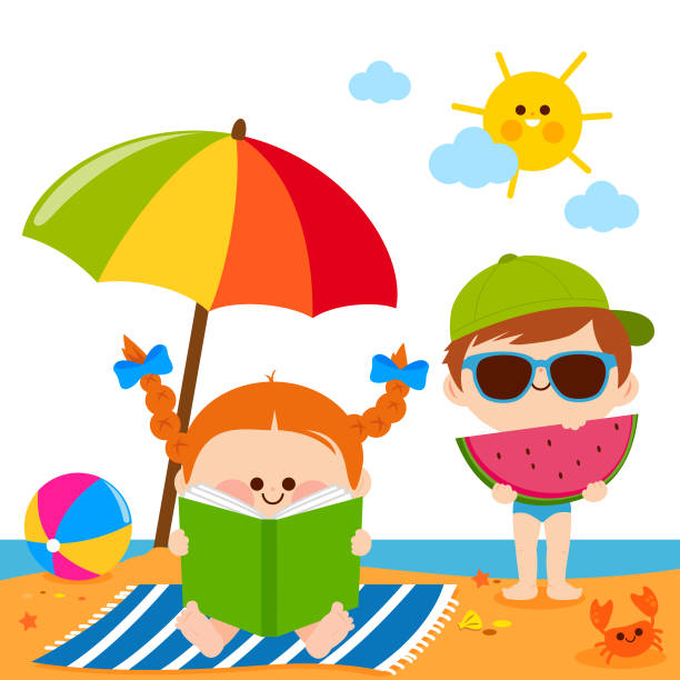 ilustrações de stock, clip art, desenhos animados e ícones de children at the beach reading a book and eating a slice of watermelon under a beach umbrella - beach towel
