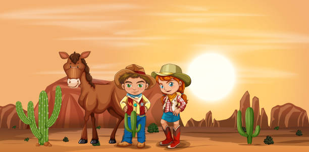 bildbanksillustrationer, clip art samt tecknat material och ikoner med barn i öknen - desert cowgirl
