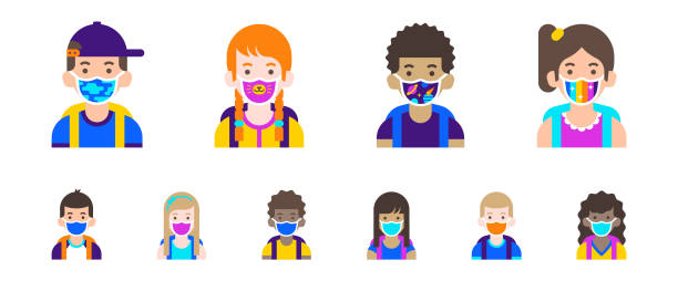 Children avatar collection. Students user icons. Modern flat cartoon illustration Cute boys and girls wearing colorful face masks with pattern. Teens and kids of different skin tones, hair colors and styles with backpacks isolated on a white background. avatar patterns stock illustrations
