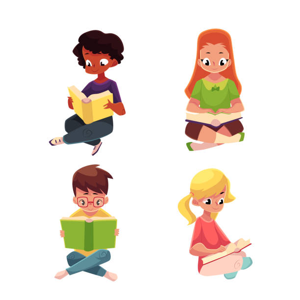 ilustrações de stock, clip art, desenhos animados e ícones de children, boys and girls, reading interesting book sitting on floor - child reading