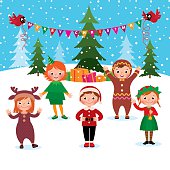 Cartoon vector illustration of a group of children celebrate Christmas and New Year