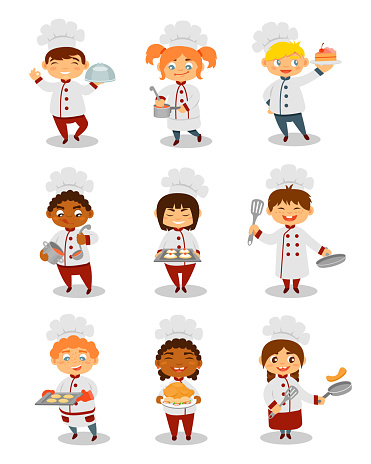 Children chefs cooking set, cute boys and girls characters preparing meal vector Illustrations on a white background