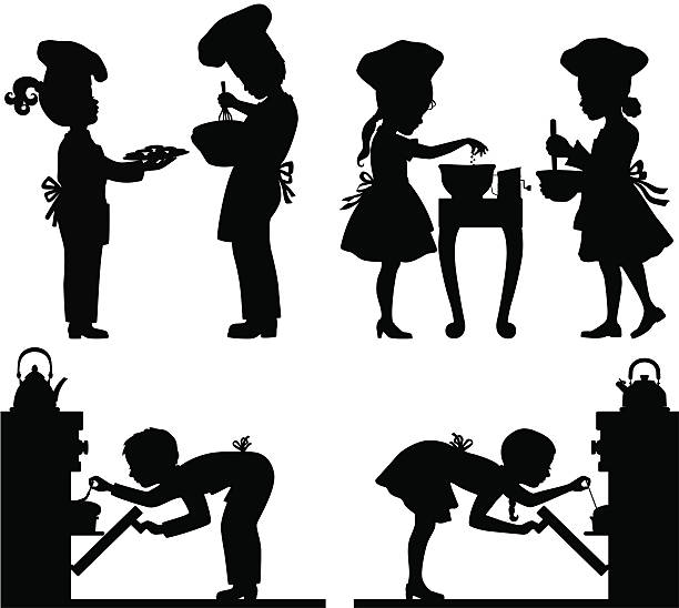Children Cook Little boys and girls cooking in silhouette. cooking silhouettes stock illustrations