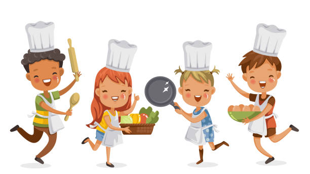 children cooking Children cooking.boys and girls preparing the cooking equipment together happily. holds kitchenware,vegetables and eggs. concept is learning and practicing moments of childhood.Vector illustrations. cooking class stock illustrations