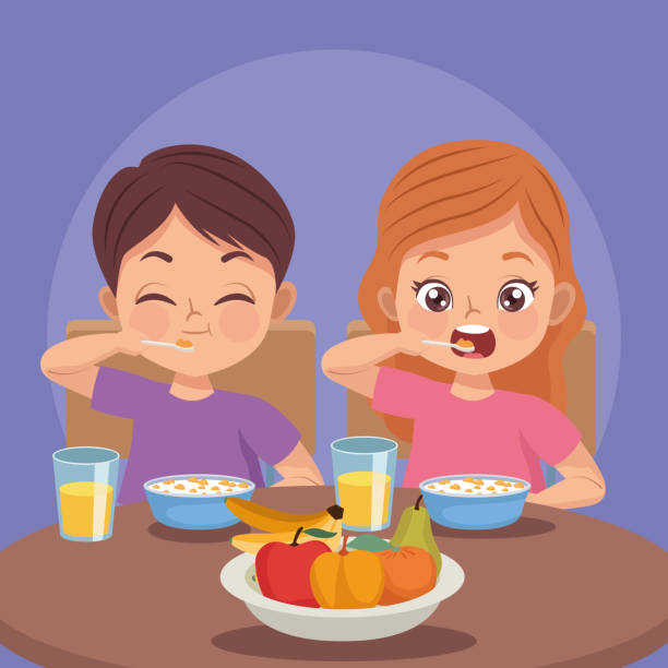 children couple eating breakfast vector art illustration